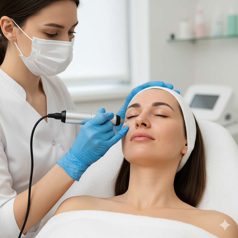 Aesthetician in mask and gloves performs skincare treatment on relaxed woman in spa, using a handheld device. Bright, clean setting.