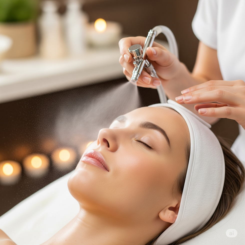 Woman receiving facial mist treatment from therapist in a spa setting. Relaxing ambiance with lit candles in background.