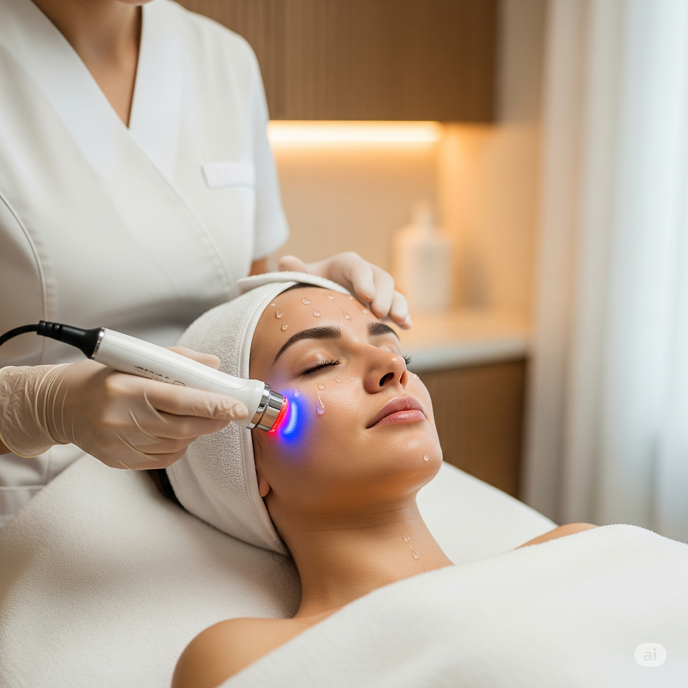 A person receives a facial treatment with a blue and red light device in a spa setting, looking relaxed, with water droplets on their face.