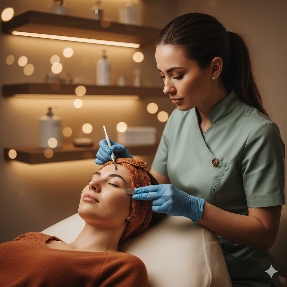 Esthetician in green uniform performs a dermaplaning facial on relaxed client in spa with ambient lighting and bokeh effect in background.