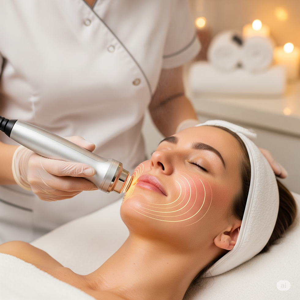 Woman receiving a facial treatment in a spa with a glowing device. Relaxed mood, candles in the background, soft lighting.