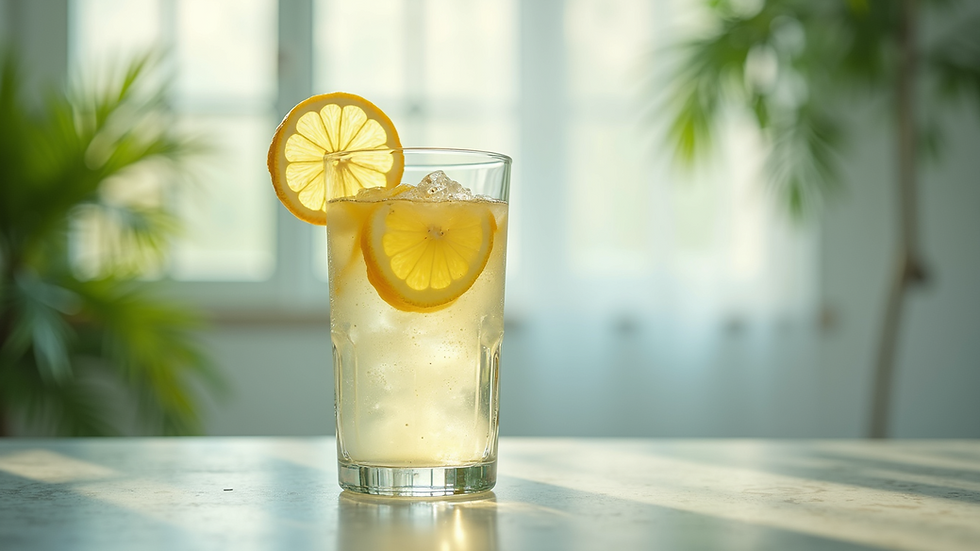 Eye-level view of a refreshing glass of water with lemon