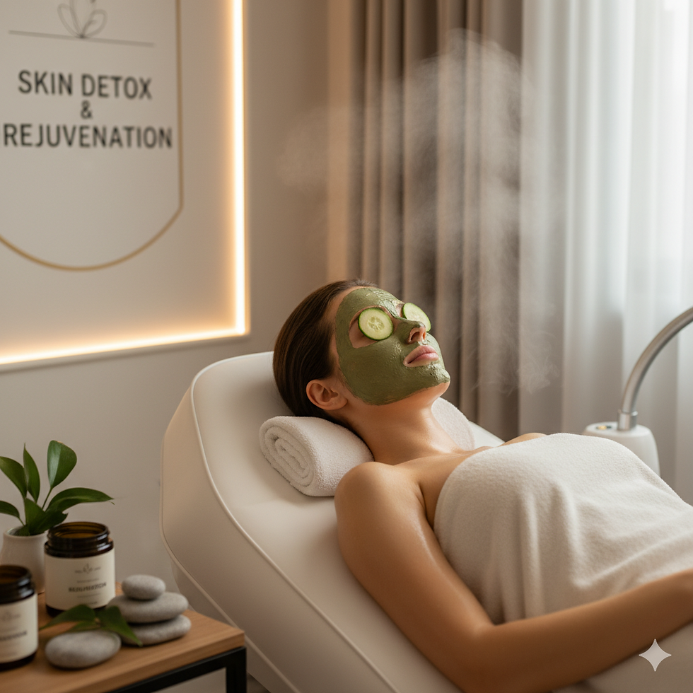 Woman relaxing at a spa, green face mask with cucumber slices, in a serene room. Sign reads "Skin Detox & Rejuvenation."