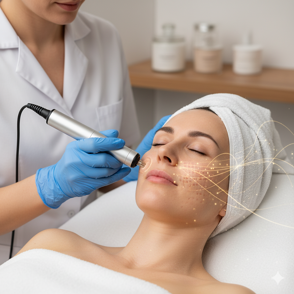 Woman receiving facial treatment in spa, using a device. She's relaxed with a towel on her head. Blue gloves and white lab coat visible.