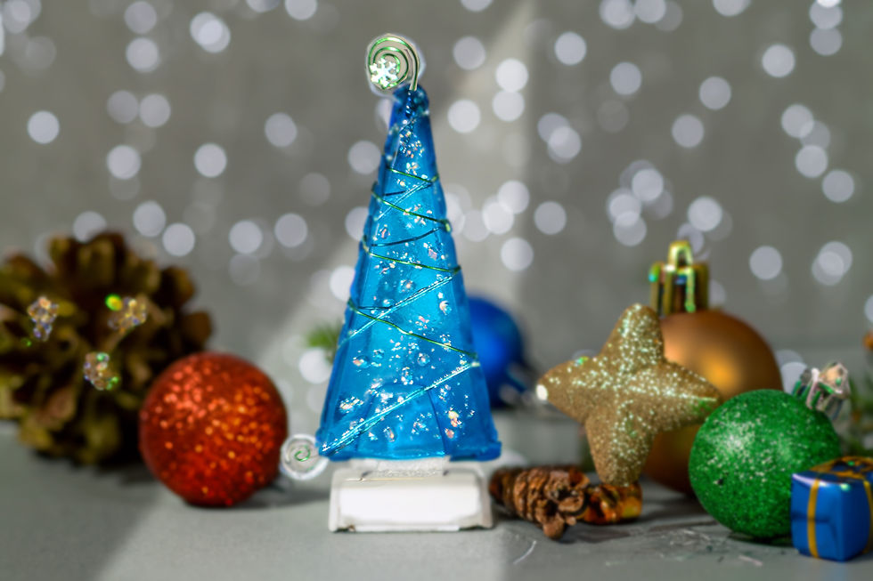 Thumbnail: Christmas Tree - Blue and Dichroic with Green Wire - Wood Base