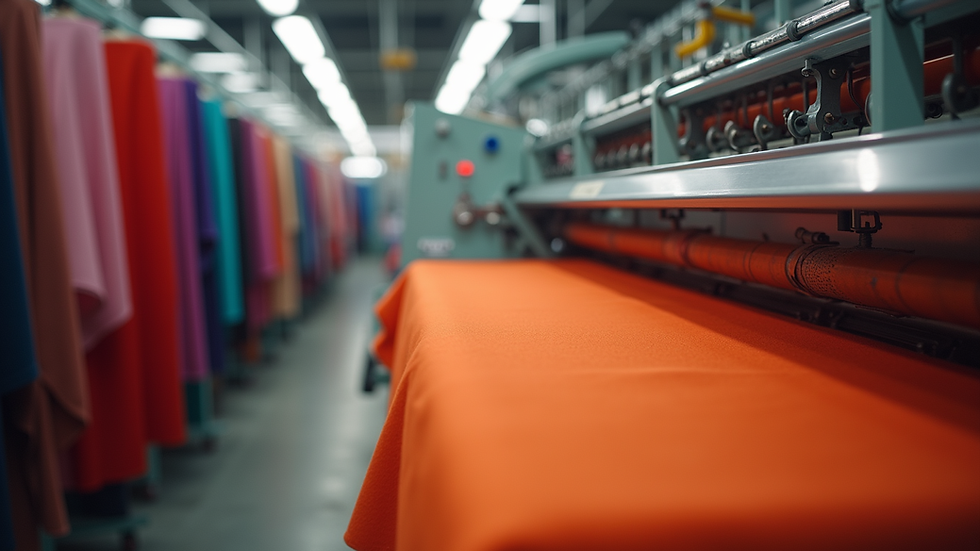 Eye-level view of a textile factory showcasing vibrant fabrics