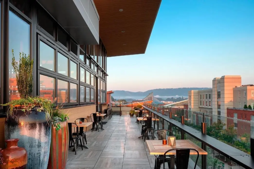 Evening golden hour at the Whiskey Thief rooftop patio.