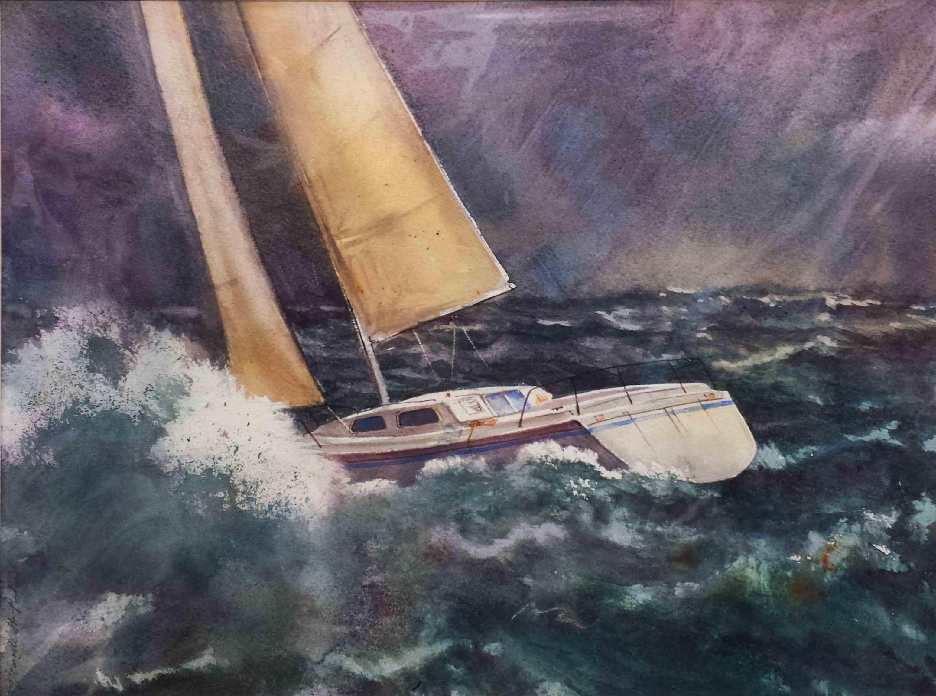 Segler in schwerer See - Aquarell