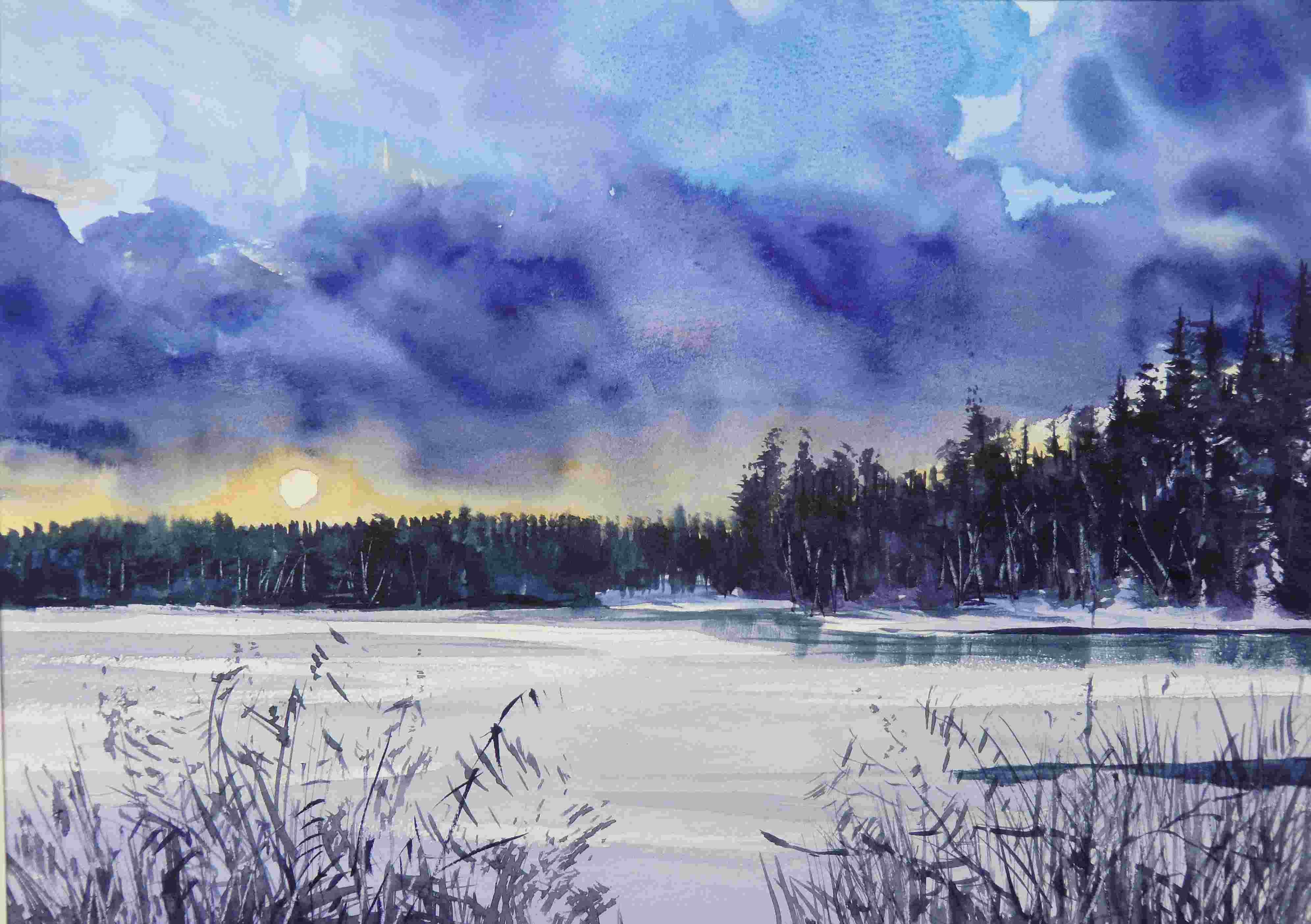 abendstimmung am see-aquarell