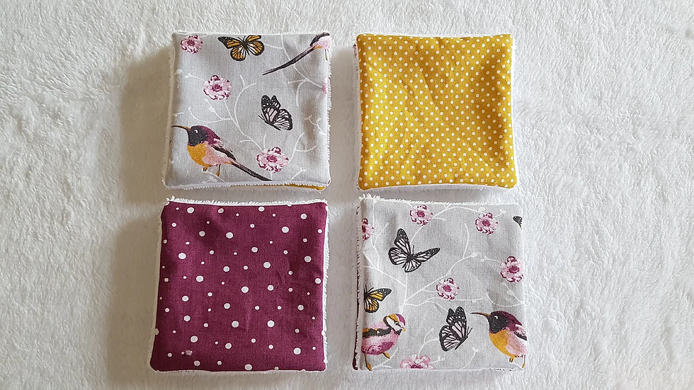 Miniature : Lot de 8 Lingettes lavables en Bambou -- Oiseaux Fleuris