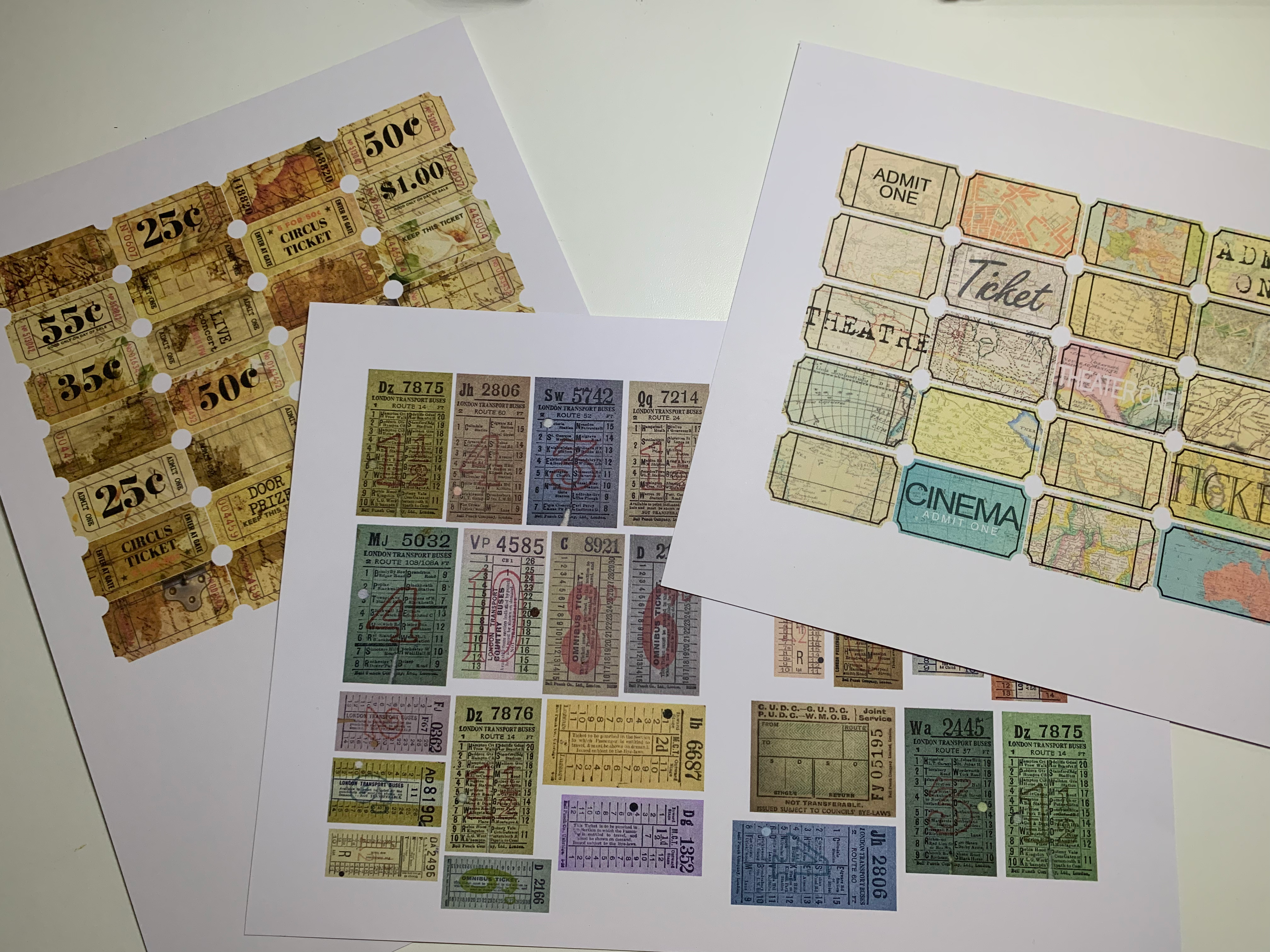 Lot de 3 Feuilles A4 -- Planches de Tickets Vintage -- 75 Die-Cuts Tickets