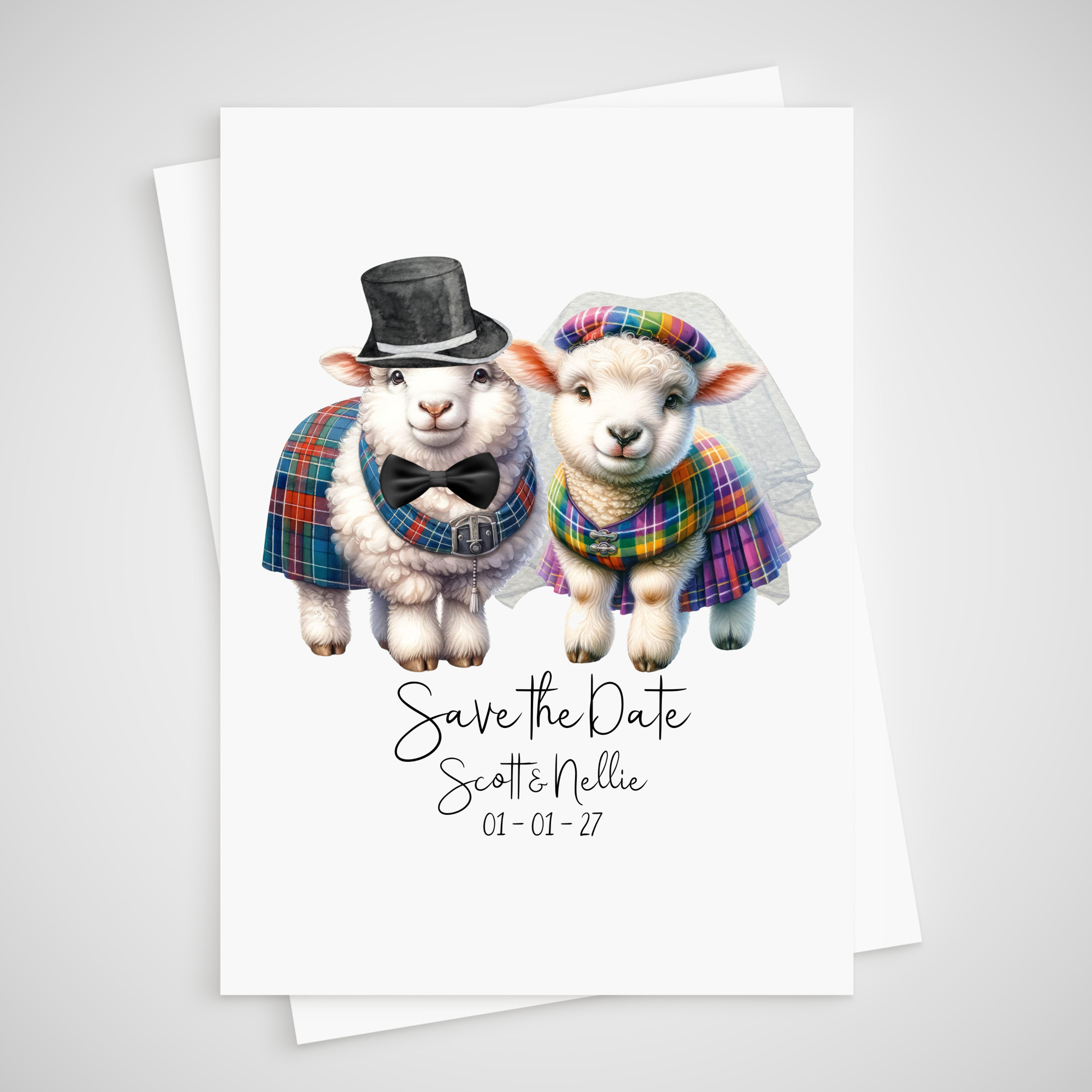 Scottish Sheep Save the Date Wedding Card Tartan Kilt