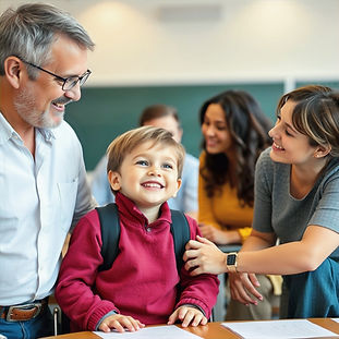 parents and child with learning disability at a conference at school with their teacher an