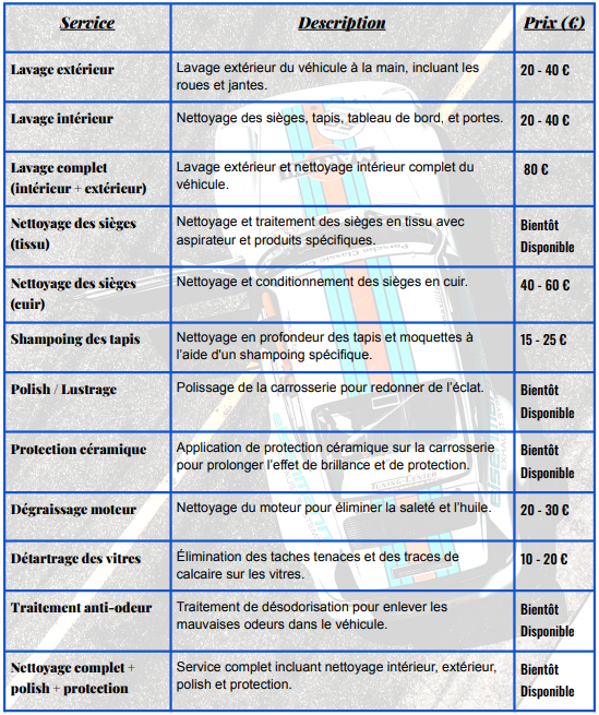 Tableau de tarification