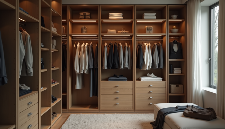 High angle view of a neatly organized wardrobe with high-end clothing and accessories