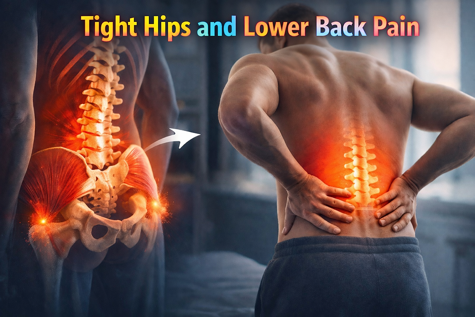 A realistic medical-style graphic showing the link between tight hips and lower back pain.