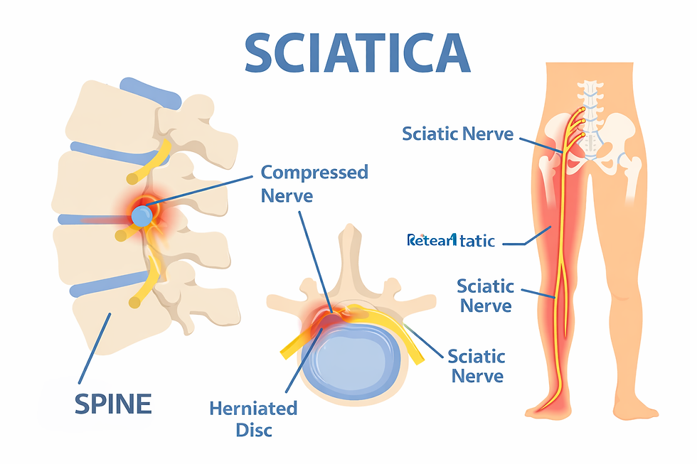 Sciatica diagram showing compressed nerve in the spine and leg pain pathway