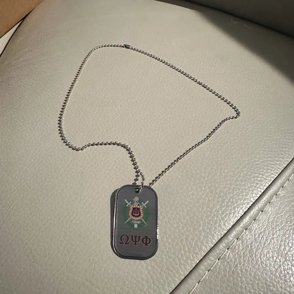 Thumbnail: Omega Psi phi beaded dog tag necklace (gold or silver chain)