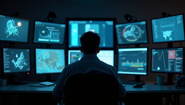 Close-up view of a night shift control room with dim lighting and a single operator monitoring screens