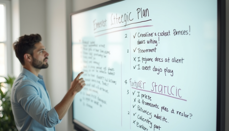 Close-up view of a whiteboard with a clear strategic plan and future goals outlined