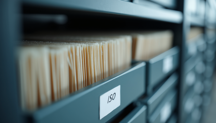 Eye-level view of a neatly organized document filing system with labeled folders