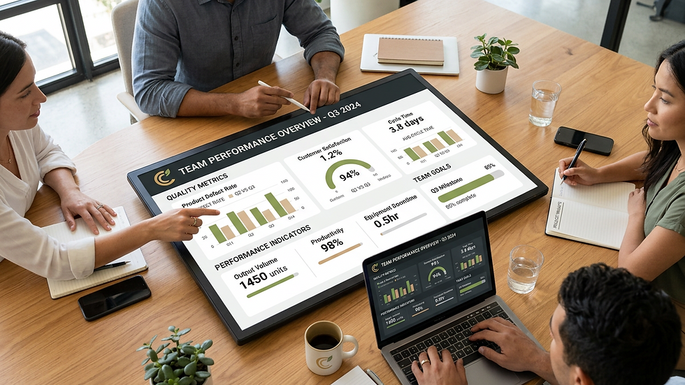 Close-up view of a digital dashboard showing quality metrics and performance indicators