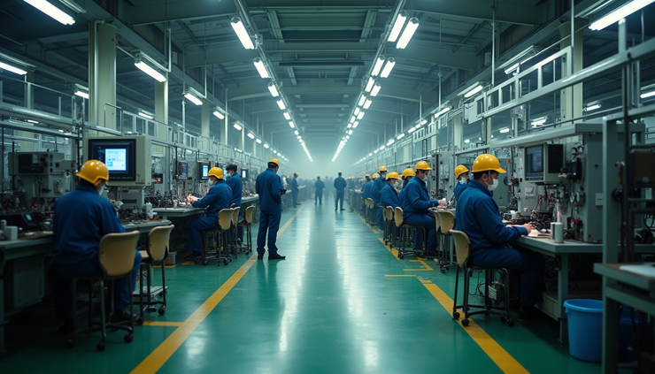 High angle view of a factory floor with machinery and workers