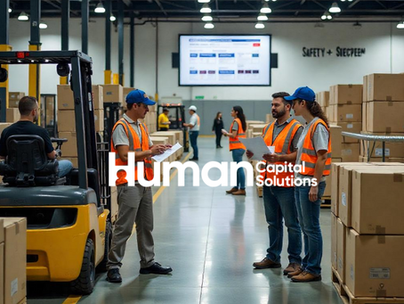 Workers in safety vests converse in a warehouse with a forklift and stacked boxes. A large screen displays info. "Human Capital Solutions" logo.