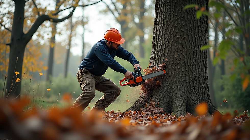 Eye-level view of a professional tree removal expert cutting a large tree