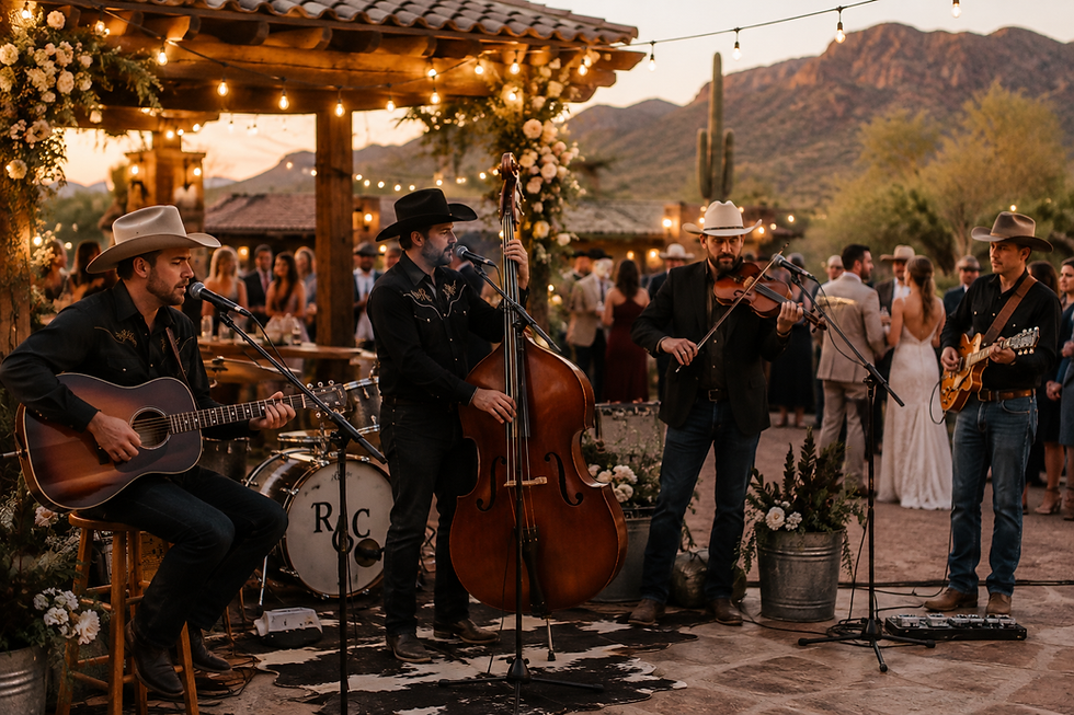 mini Highland cow wedding Arizona, Country Band Cocktail Hour