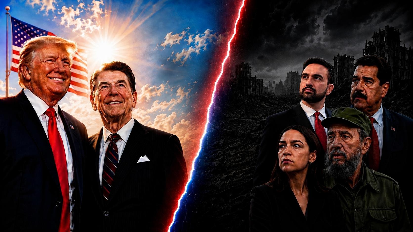 America vs Socialism — Ronald Reagan and Donald Trump with the American flag versus socialist leaders amid dark ruins