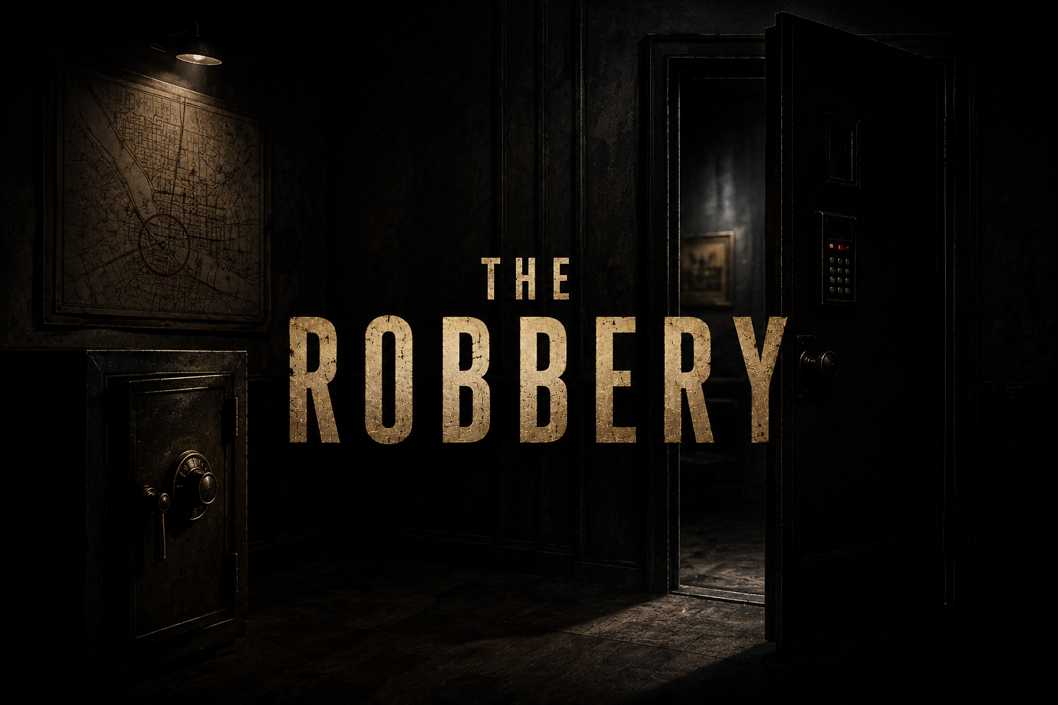 Cinematic high stakes robbery scene with shadows and light effects