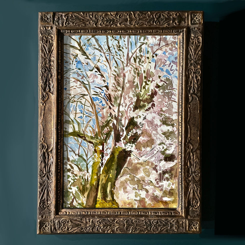 Thumbnail: Plum Blossoms Print over emerald green wall with a gold frame