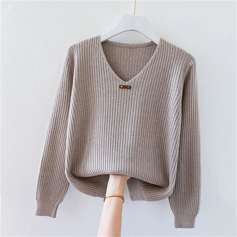 Thumbnail: 2026 New Autumn Women Sweater V-Neck Long Sleeve Knitted Sweaters Solid Korean B
