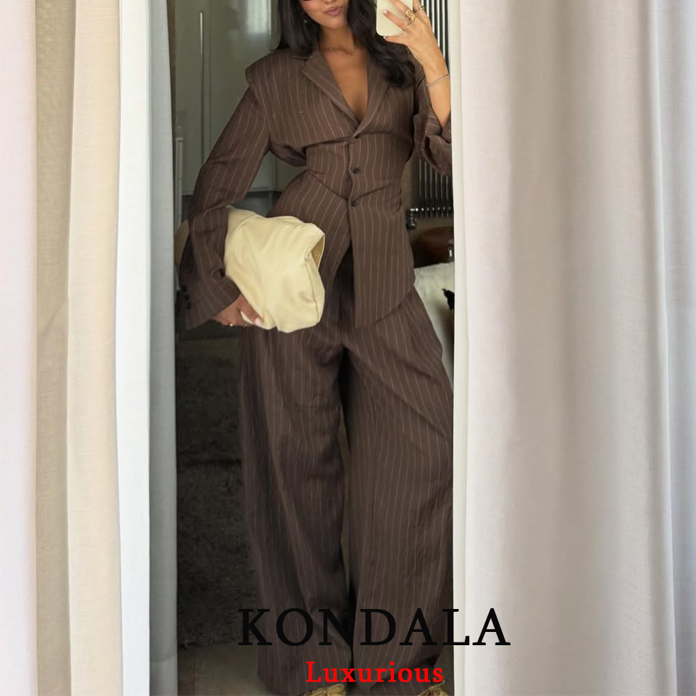KONDALA Office Lady Chic Brown Suits V Neck Striped Loose Blazer High Waist Wide