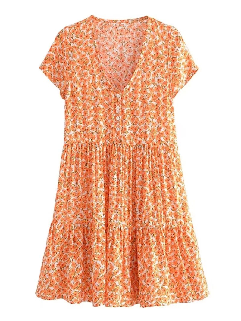 Thumbnail: Vintage Chic Women Short Sleeve Floral Print Fashion Beach Bohemian Mini Dress L