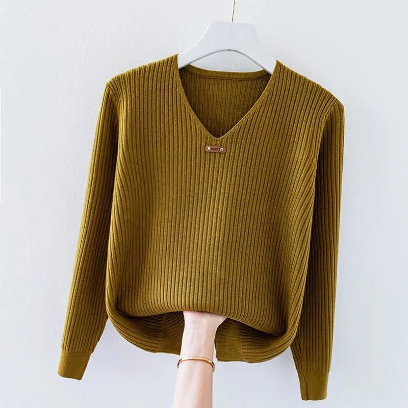 Thumbnail: 2026 New Autumn Women Sweater V-Neck Long Sleeve Knitted Sweaters Solid Korean B