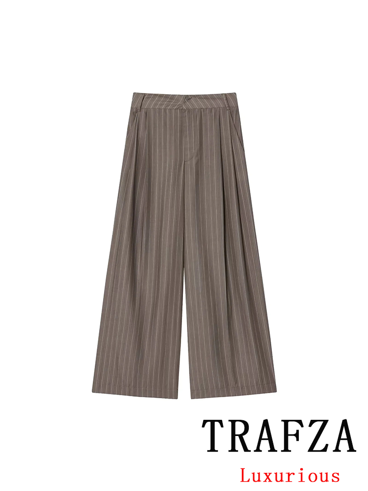 Thumbnail: KONDALA Office Lady Chic Brown Suits V Neck Striped Loose Blazer High Waist Wide
