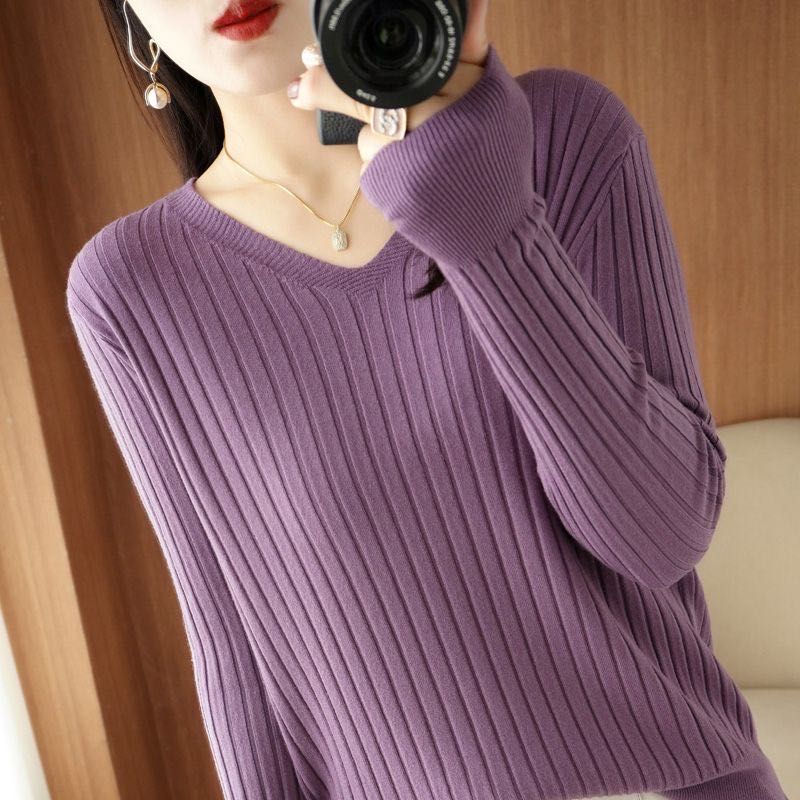 Thumbnail: Chic Casual Autumn Winter Basic Sweater Pullovers Women V-neck Solid Knit Loose 