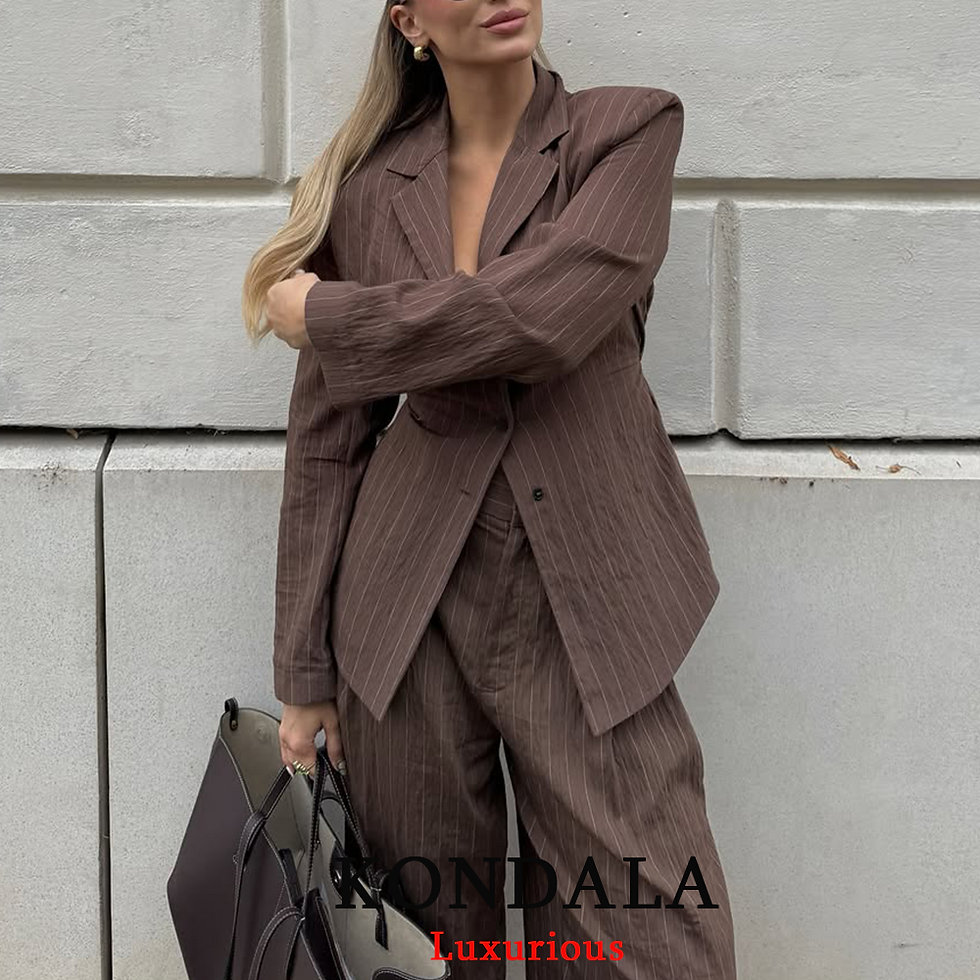 Thumbnail: KONDALA Office Lady Chic Brown Suits V Neck Striped Loose Blazer High Waist Wide