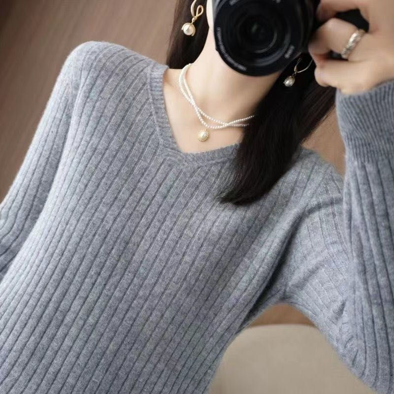 Thumbnail: Chic Casual Autumn Winter Basic Sweater Pullovers Women V-neck Solid Knit Loose 