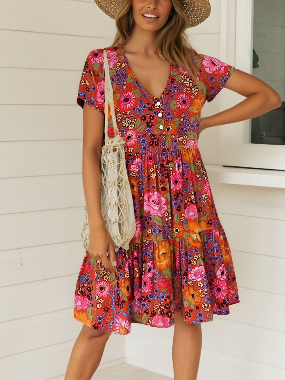 Thumbnail: Vintage Chic Women Short Sleeve Floral Print Fashion Beach Bohemian Mini Dress L
