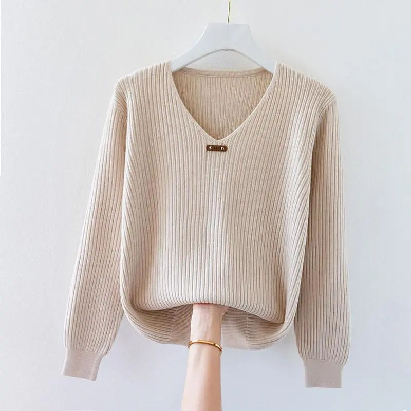 2026 New Autumn Women Sweater V-Neck Long Sleeve Knitted Sweaters Solid Korean B