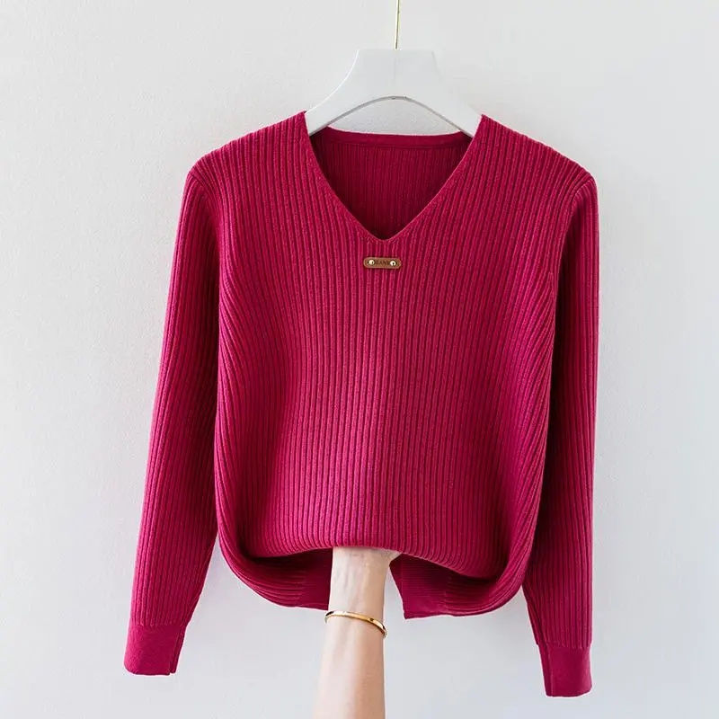 Thumbnail: 2026 New Autumn Women Sweater V-Neck Long Sleeve Knitted Sweaters Solid Korean B
