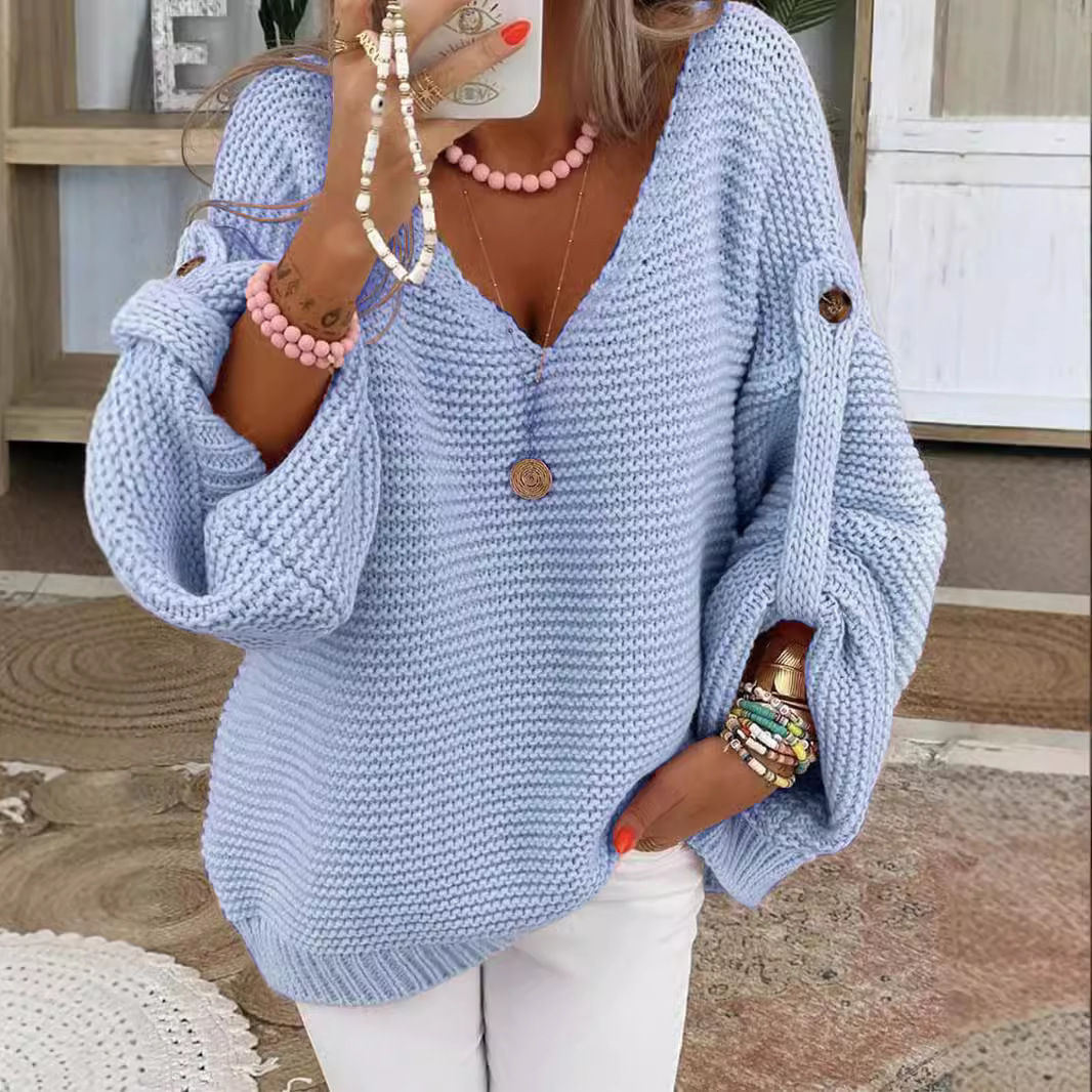 Casual Knitted V Neck Sweater Fall Winter Fashion Button Warm Commuter Jumper El
