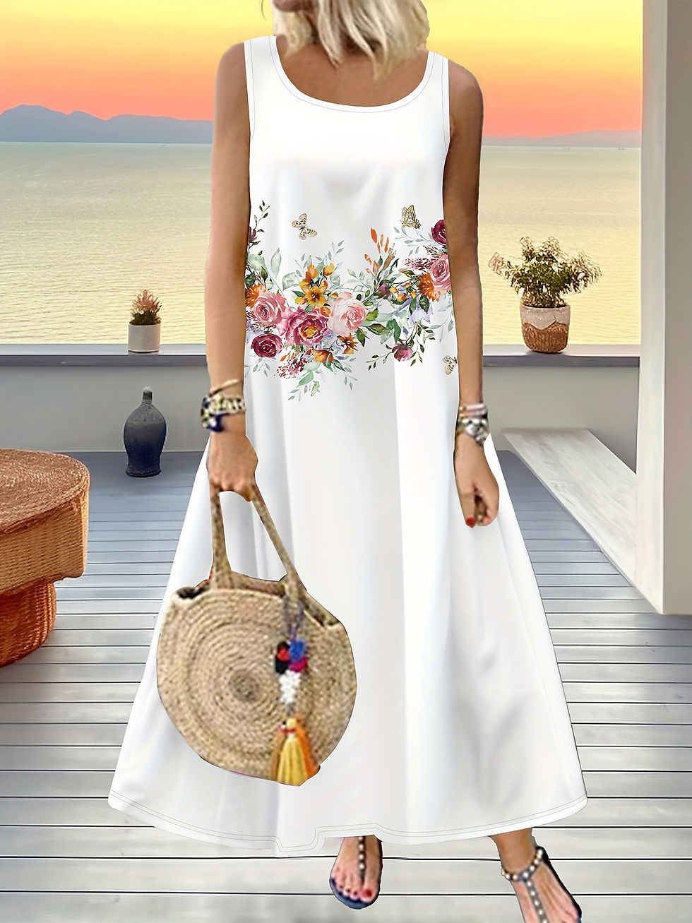 Thumbnail: Bohemian Vacation Sunflower Ethnic Print Round Neck Dress Loose Vacation Long Dr