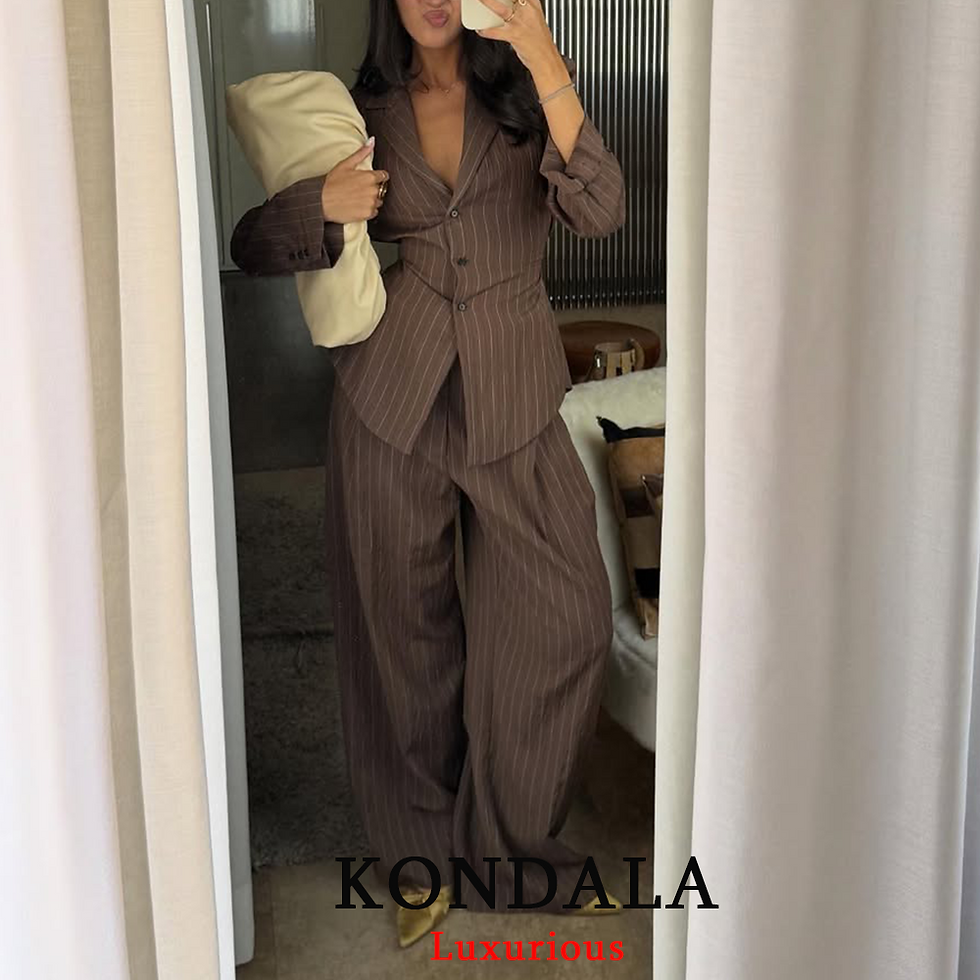 Thumbnail: KONDALA Office Lady Chic Brown Suits V Neck Striped Loose Blazer High Waist Wide