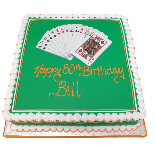 A fun and decorative playing cards-themed cake perfect for game night or a casino-inspired celebration, featuring edible card suit details and vibrant colors.