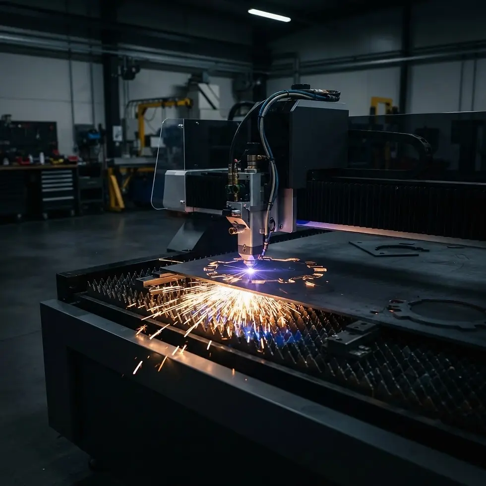 Industrial photography shows a CNC plasma cutter precisely cutting metal, creating a shower of sparks in a workshop.