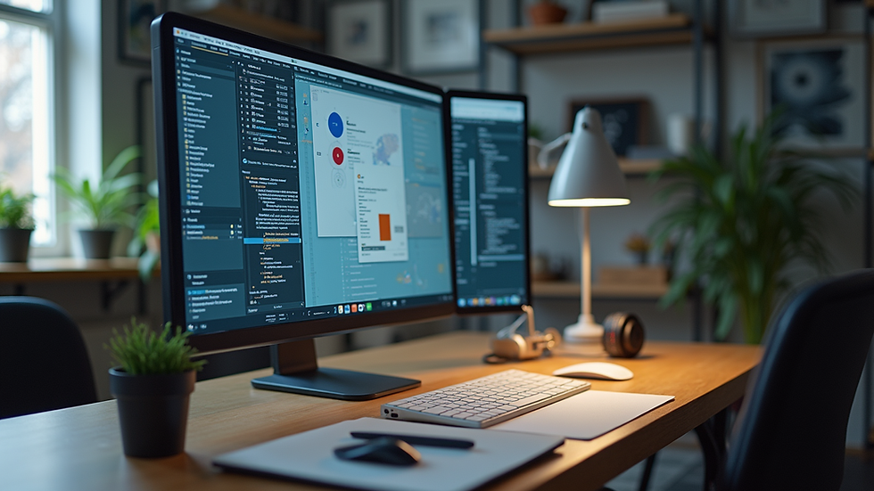 Wide angle view of a modern workspace with digital tools